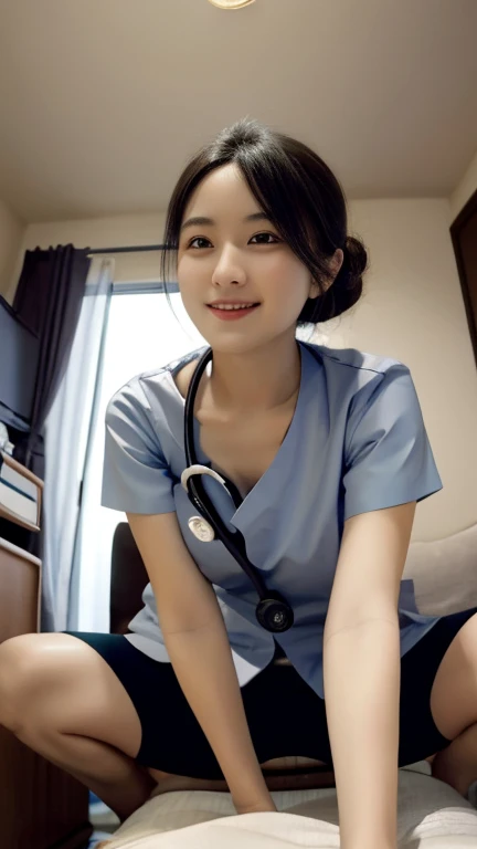 (8k, Highest quality, masterpiece:1.2), (Realistic, photo-Realistic:1.4), Very detailed, From below, Fisheye Lens, beautiful nurse looking into the viewer with her face close, The most beautiful Japan people々, 19yo, Cute Smile, Hunchback, Look Up, Close ~ eyes, Open your mouth slightly, Nurse uniform, Chest is open, Name tag, Stethoscope, Hospital room, Wearing a regular length nurse skirt, From belowのアングル, Updo, Thin legs, White skin,Big man, Men with erections, Cleavage, Man doing squats on his stomach
