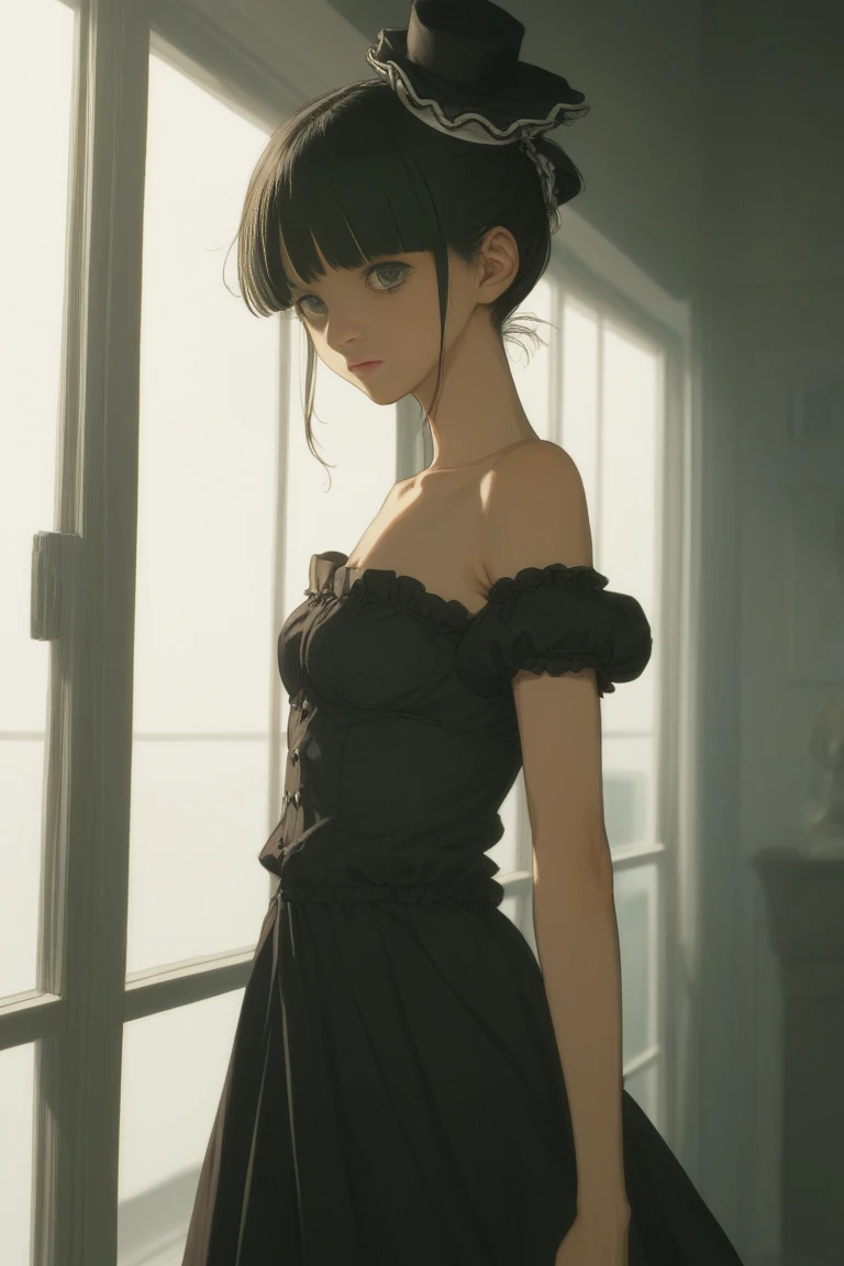 ultra realistic 8k cg, masterpiece, ((ultra detailed background, delicate pattern, intricate detail)), (highly detailed, fine details), best quality, 1girl, (photorealistic:1.4),beautiful lighting, absurdres, RAW photo, film grain, ((medium breasts, slim girl)), NeroV2, 1girl, short hair, solo, black hair, red eyes, dress, black dress, collarbone, closed mouth, bare shoulders, hair between eyes, cleavage, ((small breasts, slim girl)), ((cowboy shot, small black horns)), (complex detailed background, outside, nature environment, trees, sunny, blue sky, sky), <lora:NeroV2:0.9>