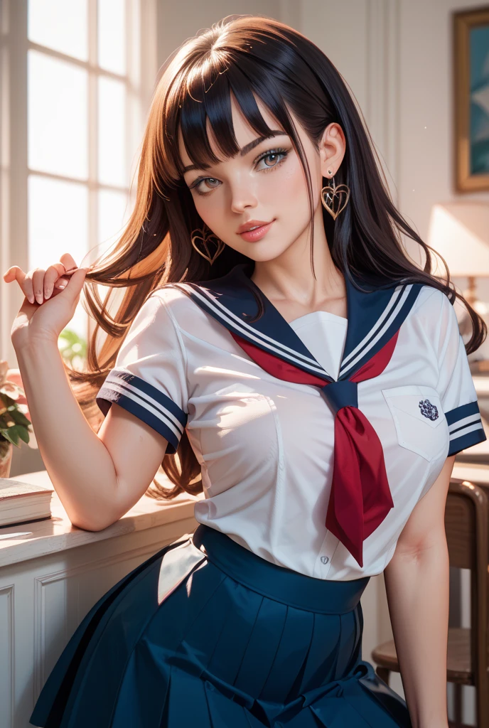 Brunette hair, heart-shaped pupils, smile, anime, depth of field, first-person perspective, UHD, classroom, sun, bright, sailor suit, writing on blackboard