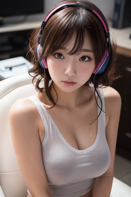 Focus on the face,Look up,1 girl, Slim girl,Japanese,Black Hair,No makeup,小さいDroopy eyes,Large Breasts, Thick lips,Big Lips,Plain face,Blackheads under the eyes and on the chest,Beautiful Hair,fleshy body,On top of a gaming chair,Gaming Room,Big thighs, White T-shirt,headphone,Background blur,Oblique view from above,Blushing, Open your mouth, Sticking out tongue, Textured skin, Cyberpunk room,Pink eyes, Deformed cheek blush, Droopy eyes, Raise your eyebrows, 