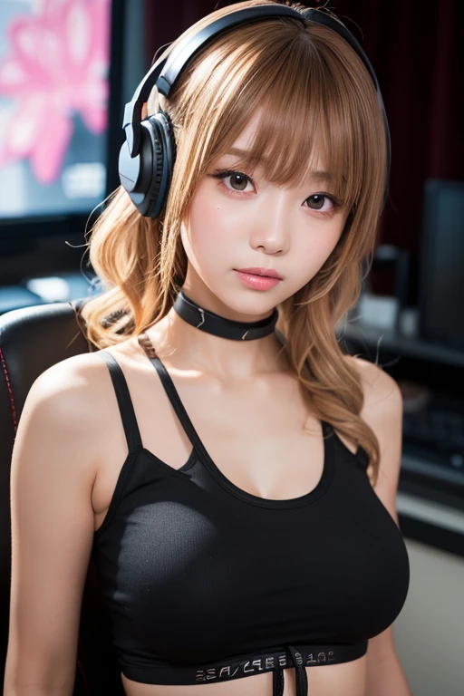 ((Highest quality、8k、masterpiece:1.3))、((Photorealistic、Perfect body line:1.4))、((28-year-old super beautiful woman、One woman only:1.4))、((Highly detailed face, skin texture and beautiful eyes、Highlight of light-colored eyes、Light shines in the eyes:1.4))、((She has a well-proportioned body like a gravure idol and big breasts.、Super long brown hair that is almost blonde:1.5))、((No hood attached、vibrant orange color、A simple hoodie with a zipper and a front opening、Gaming headphones:1.3))、((Super beautiful, translucent skin:1.3))、((Gal makeup:1.3))、((Magnificently beautiful park at dusk、Face clearly visible:1.3))