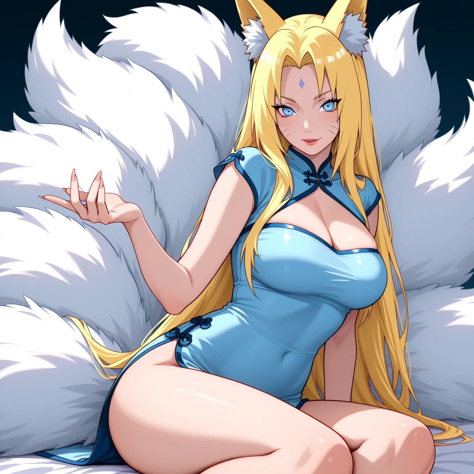 Highest quality　masterpiece　High resolution　One Girl　Fox ears　Blonde　Blue Eyes　Small blue ribbon　Big Breasts　Shrine maiden costume　Blue trim　Choker on neck　A dignified expression　shrine