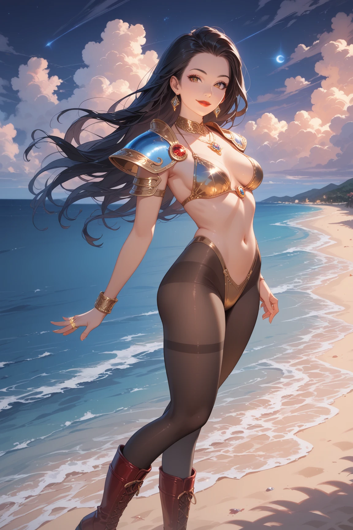 masterpiece, best quality, beautiful art, high resolution, well formed hands, body and fingers, 1 woman, solo, Yae Miko , wearing a wonder woman outfit , tiara , long hair,, adult, big breasted, cleavage, full body, sexy and skimpy outfit , gorgeous legs and thighs , dancing seductively and erotically, turning backwards and forwards, showing her back and front, showing her butt, bikini thong, smiling joyfully, looking at the viewer, flirting, beach environment