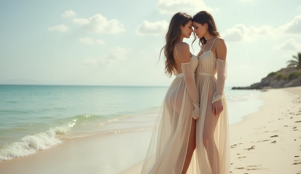 two girl kissing, see her ass,(bright lighting,romantic setting),dreamy background,bondage,dark hair, mesmerizing gaze, , soft skin, alluring beauty, artistic portrait, high-quality image, vibrant colors,translucent silk wedding dress, mosquito net,