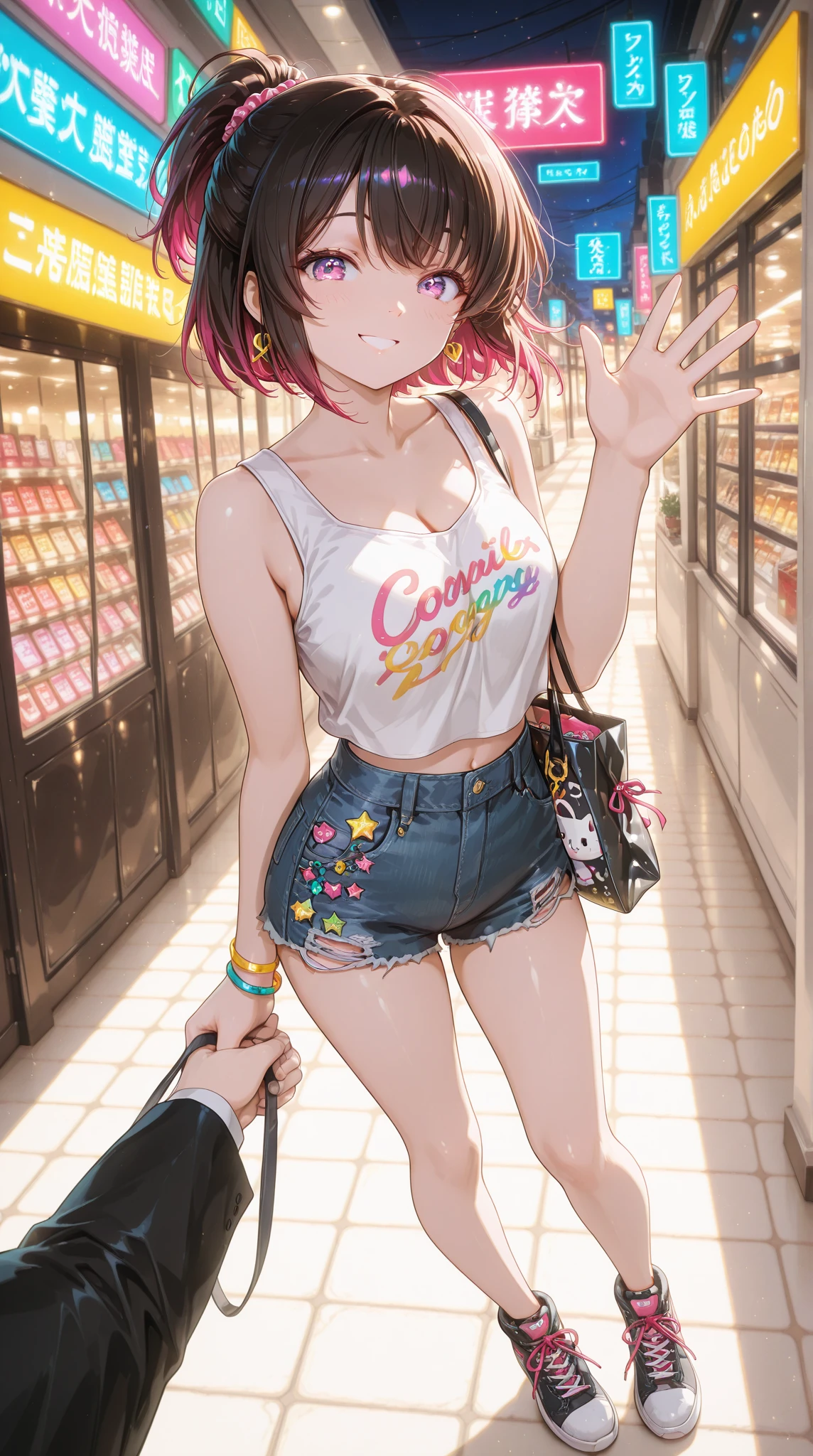 astolfo, Beautiful and slim perfect body, rasgos muy females, cuerpo female sexy muy delgado, flat chest, Pectorals, not breasts, very innocent smile, Girl, bright pink hair, spiky hair, short hair, a long braid, lock of white hair on left side, almost non-existent shorts, top that barely goes up the chest, off shoulder top, long fishnet stockings, female, small bulge in shorts, not penis, Eating an ice-cream, walking down the street