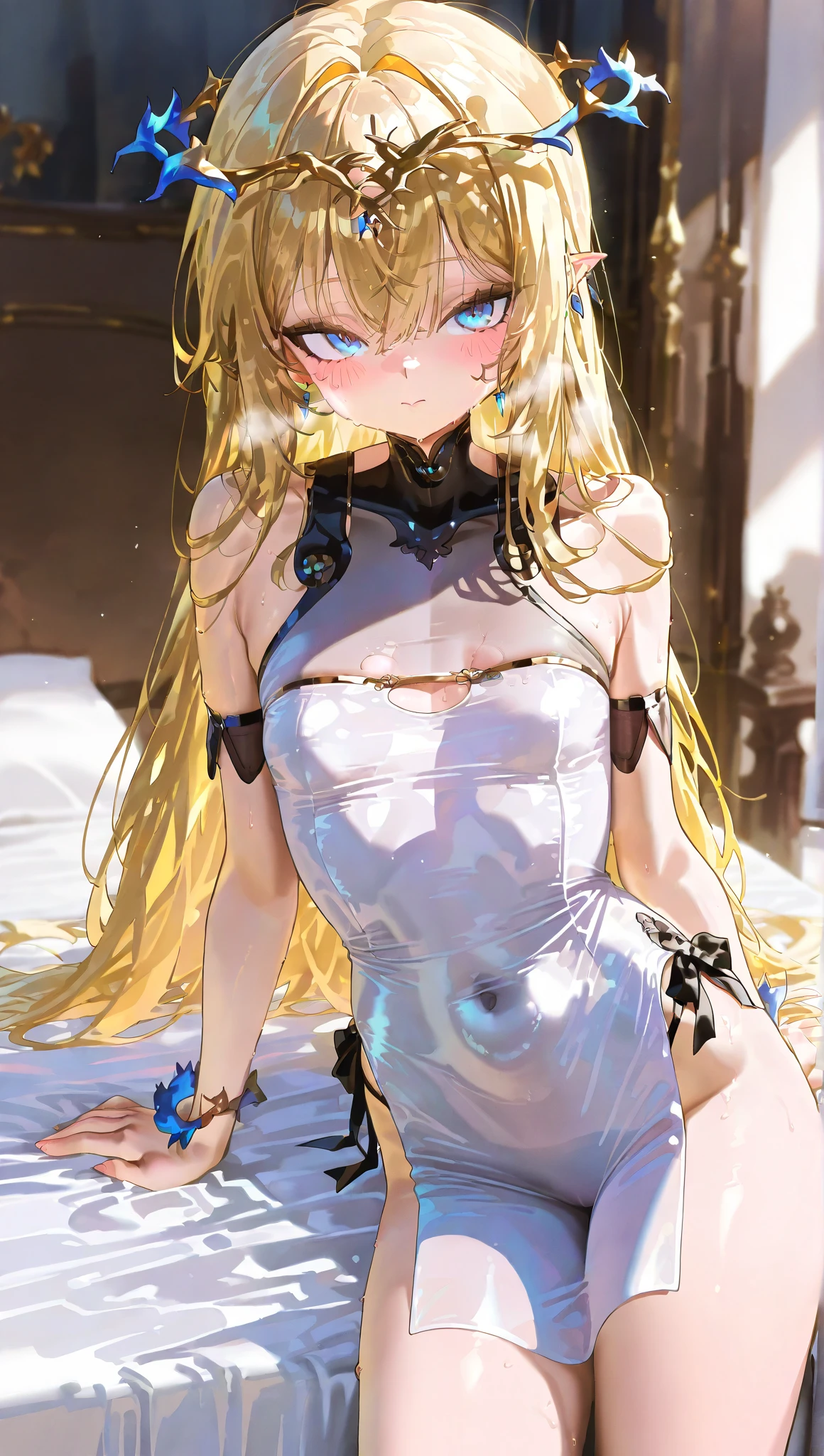 top-quality、Top image quality、masterpiece、girl with((20yr old、Best Bust、big bast、Bust 85,beautiful golden eyes、Breasts wide open,Blonde long hair、A slender、Large valleys、Gold Bikini、Gold Dress,Reflecting the whole body、Leaning forward))、hiquality、Beautiful Art、Background with((Luxury Hotels in Pink、Window with night view、Pink lighting、Gold Bed、Pink sheets))、masutepiece、visualart、depth of fields、