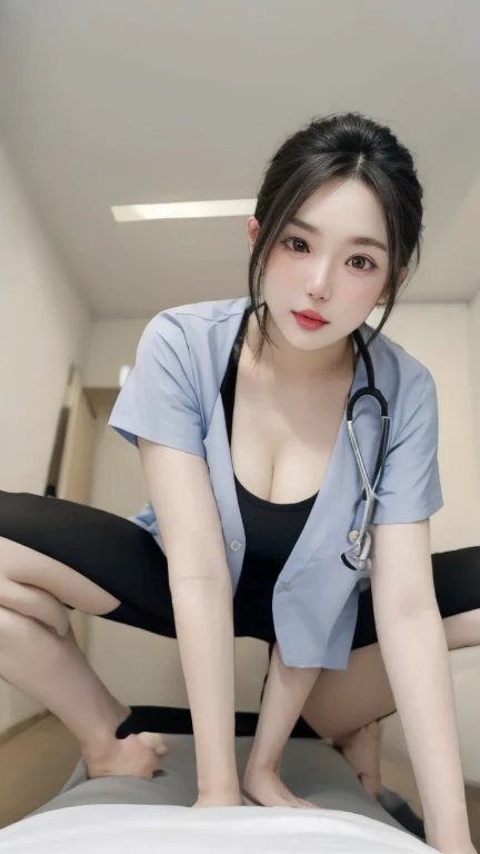 (Top quality、masterpiece、Movie Lighting、)、The sins of Japanese beauties、Glossy reddish-brown shorthair cat、hairpin、Messy hair、Flowing hair、Beautiful face、Laziness、Squat、(Nurse、White Nurse、Nurse hat、Hang the stethoscope around your neck、)、Beautiful smooth breasts、Hourglass figure、Attract the smile of the audience、Looking at the camera、Knock down the photographer,Talk with your crotch、Video from below、Ward、Close Range、Shiny skin、Bold and sexy pose、beautiful fingers、