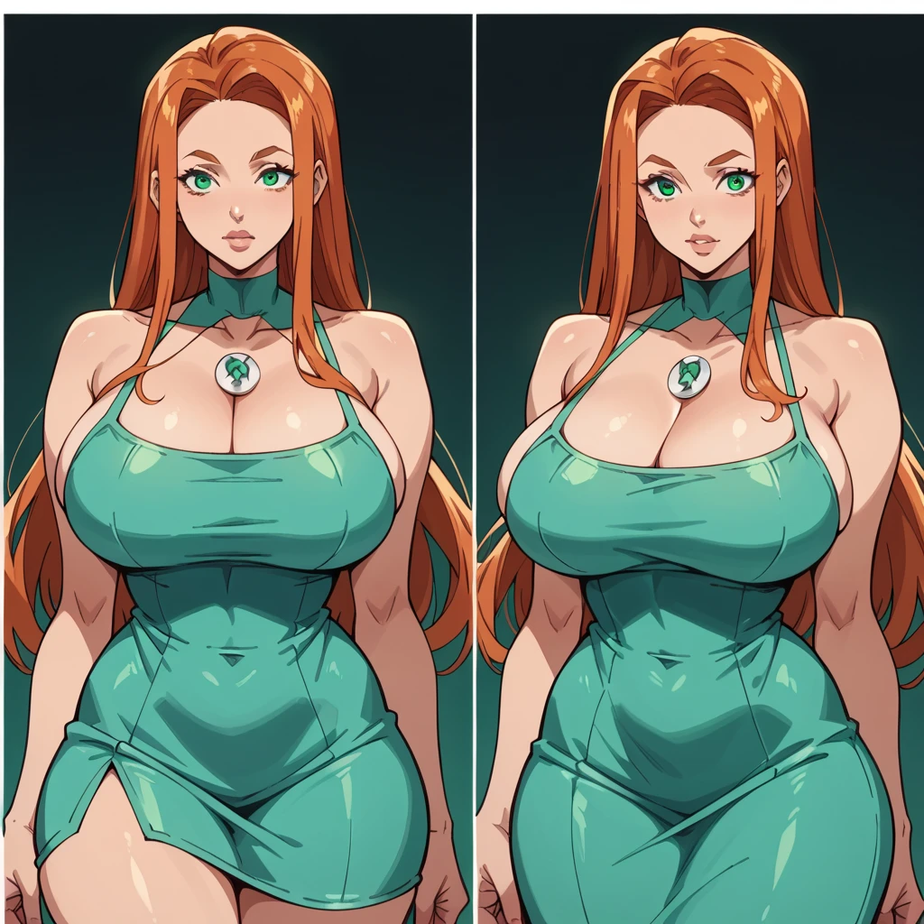 long wavy red hair, green eyes, sexy smile, curvy thin athletic shape, long legs, round ass, enormous tits, red hair, long hair, hair over shoulder, wavy hair, crystal earrings, blush, naughty, naughty face, Hyperrealism, cinematic lighting, cowboy shot, masterpiece, textured skin, super detail, 16k