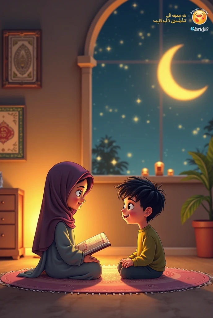 A Islamic child is sitting next to his Islamic religion grandmother in the living room, where the fireplace is radiating warmth, and the grandmother has a book in her hand. She wants to hear her little son, the parasite, the parasite. The sky, the planets, the stars, the moon, and you with the trees and mountains shining through the window of the room.
