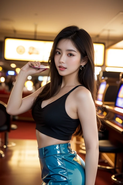   front view, 1 girl, mature female, solo ,play gamble, in casino,  (masterpiece, Highest quality, masterpiece, God-like quality, Godly art, Very realistic)