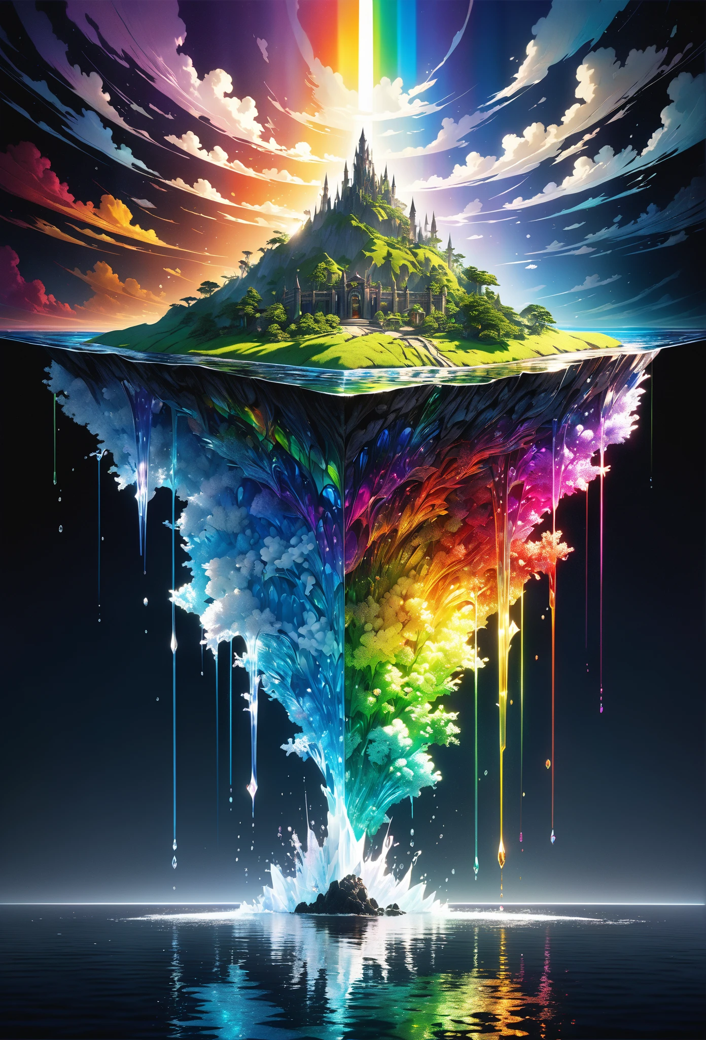 Super detailed, Super complicated, Extremely precise, Mysterious Island, Gothic fantasy meets crystal art, High transparency, Dark fantasy collaboration, Fantastic rainbow-colored mirror reflection, Transparent full color clear water, Sunlight casts a dramatic light on the island, BREAK Professional spray work, Extremely detailed and intricate brushwork, Detailed and clear depiction, Absurd aesthetics,
BREAK Simply Beautiful, A dark background that makes the subject stand out, Dramatic light and shadow, Cinematic lighting for dramatic subject emphasis, A fusion of aesthetics and impact,
BREAK Highest quality, Highest Resolution, Optimized Octane Rendering, super retina vision,