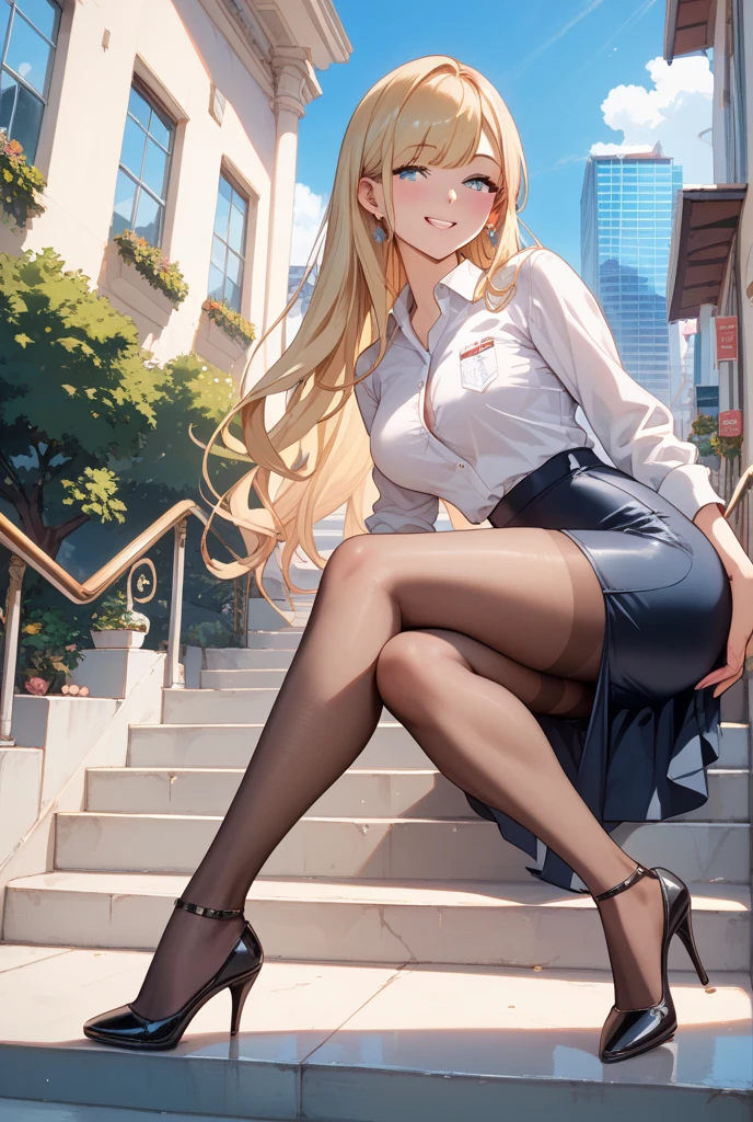 woman, pantyhose, skirt, white blouse, balcony, flowers, evening, night, strong contrast, sitcrossleg <lora:sitcrossleg2_rvkwi:1>,