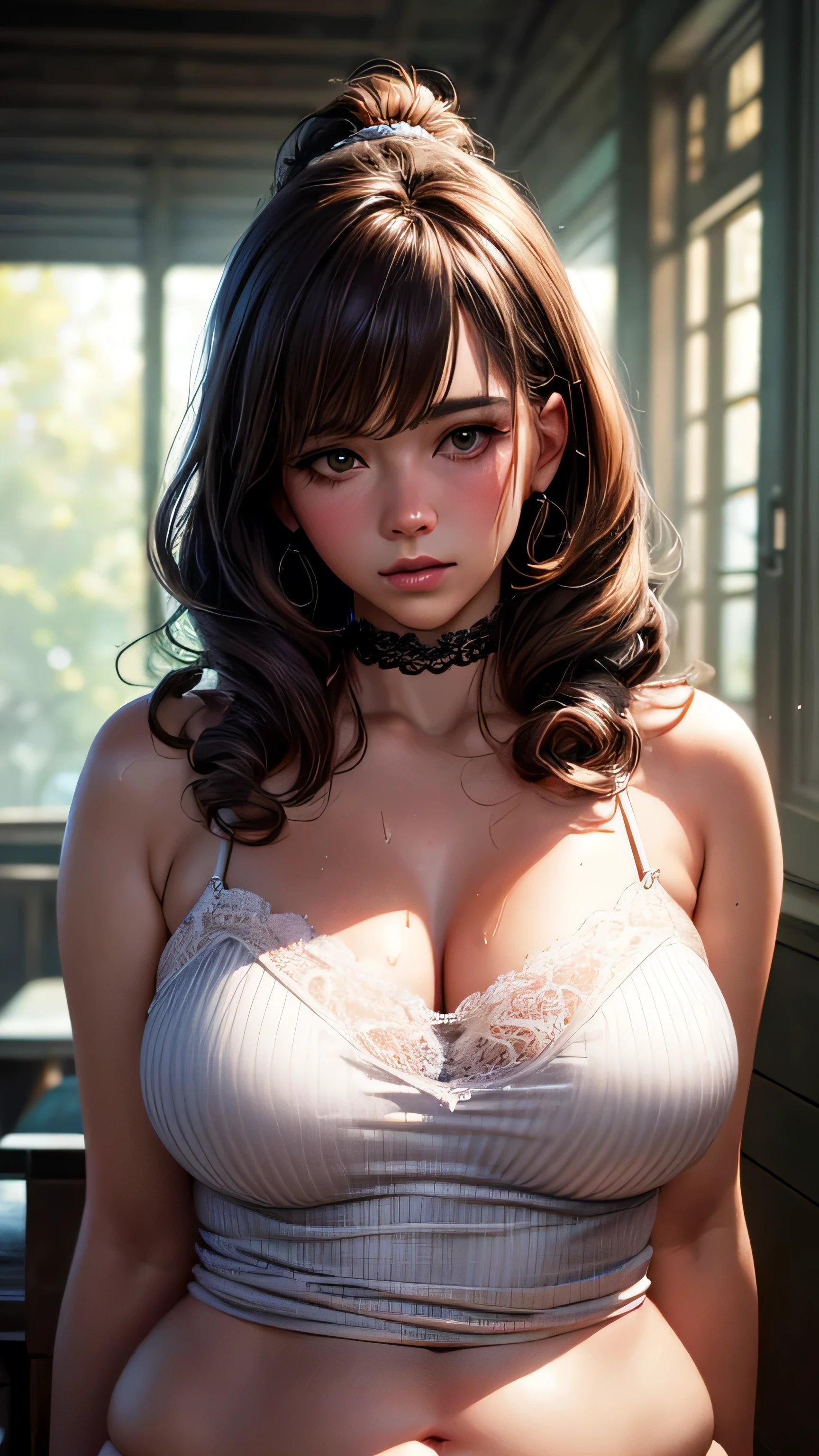 (((Perfect body,White and tender skin,(((blue sweater,cropped jacket,grey dress,high-waist skirt,))),(((Kobeni Higashiyama, black hair, hair ornament, hairclip, ponytail, short hair, (brown eyes:1.5),))),((masterpiece)),highres,((Best quality at best)),masterpiece,quality,Best quality,((( Exquisite facial features,Looking at the audience,There is light in the eyes,(((frown,Wronged))),Look up))),(((Light and shadow,Huge breasts,))),(((Wooden background))))
