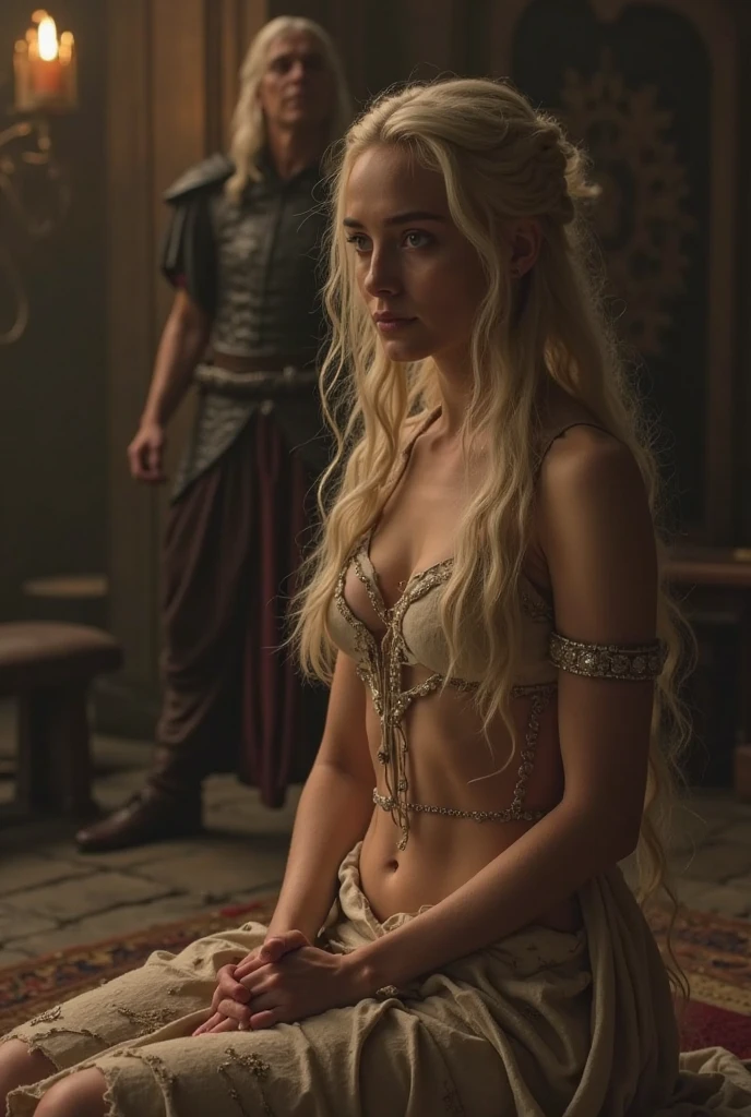 soli [1 woman] , Sex, blonde hair, Giant Chest, (chiseled abdomen), (dark skin), ( bronya), inside a castle, Archery, stands with his back;, Sheer clothing, Breathtaking photo, The face of a beautiful girl from instagram