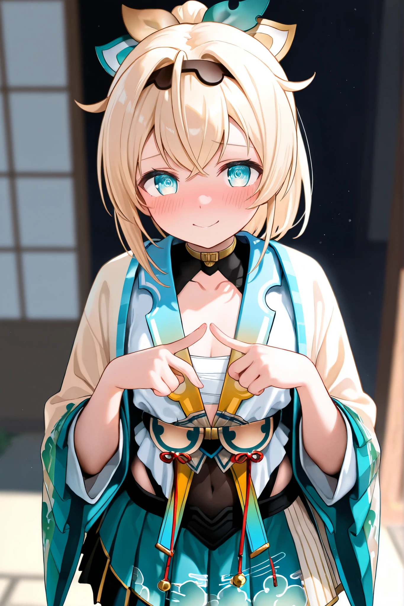 IrohaBase, hair ornament, hairband, sarashi, casual clothes, smile, upper body, (paizuri invitation, no bra), smug face