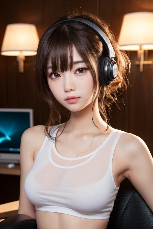 Alafede woman wearing headphones at a DJ venue, ((Expression of joy，Fleeting Woman))，Nightcore, With headphones, Kantai Collection Style, Soft lighting, With headphones, DJ Women, Anime Moe Art Style，I am a DJ，((They are very focused:1.5)),，Slim figure,Highly detailed eyes and face、Beautiful and fine details,Beautiful skins,Fine details、Smooth Hair，Fine hair，Very Fine Hair，Cool makeup，vulgar、Whitening effect，Thin eyebrows and skin like thin eyebrows,DJs focus on the venue，(Scene from the venue)，((Attention is focused on the venue))，The DJ machine is well operated