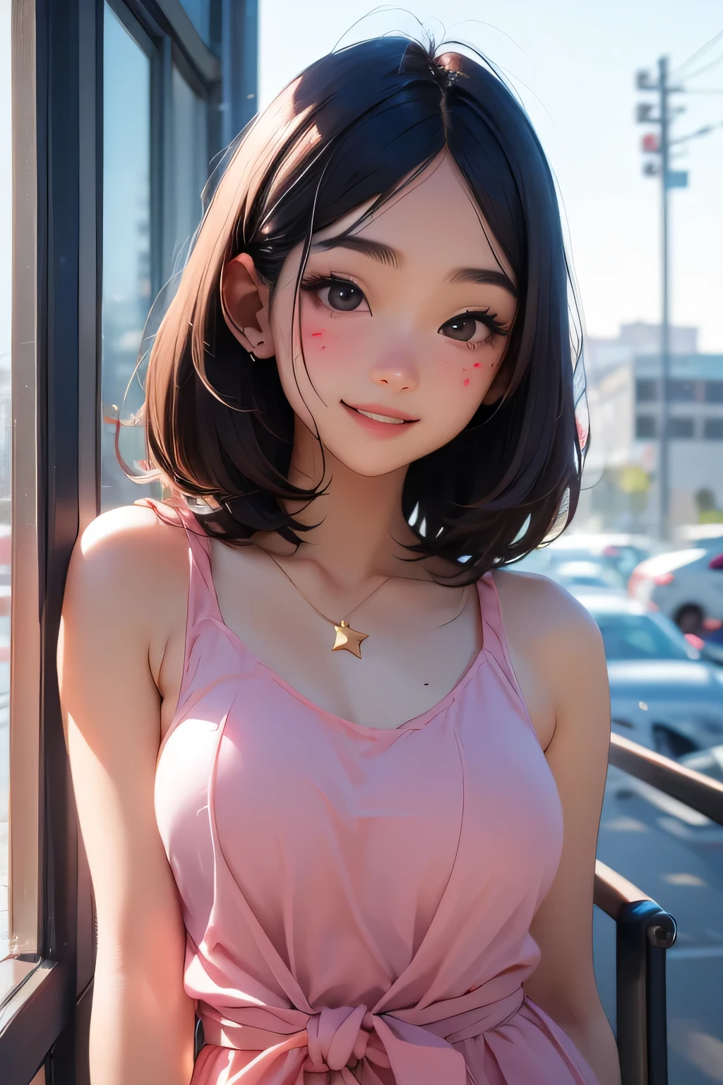 Photo . beautiful Japanese girl . . black eyes . breast size 3 . bob hairstyle . There's a birthmark on his cheek that looks like a star . she smiles . She is a Japanese schoolgirl . is standing outside . And he talks to someone .