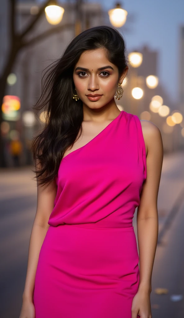 Portrait of A confident-looking indian girl with long flowing hair, hazel eyes, fair composition, hyperrealistic, super detailed, 8k, high quality, trending art, looking for a love and passion, westen dress, maroon dress, medium breasts, janter manter background, day light, sun