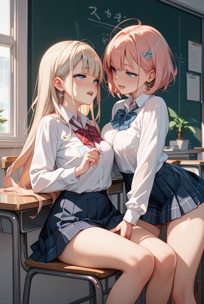 ((2 girls))、(smile:1.5)、Small breasts、(Cowboy Shot)、(fun!!)、(cardigan)、(Blonde)、(blush:1.4)、、(single braid)、(Eye highlights:1.3)、blake black shoes,(黒いskirt)、bow, button, shirt with collar, Long sleeve, ((red bow tie, , Black jacket, Open jacket, 茶色のcardigan, white shirt, 黒のskirt, チェック柄のskirt、white socks)),, shirt,, skirt, socks, Thighs, white shirt, Rest indoors, ((classroom:1.5))、 BREAK while watching the audience、(skirtを掴む:1.0)、 (Perfect hands, Perfect Anatomy),Cowboy Shot、(skirt lift:1.3),(Highly detailed panties:1.3)、(Highly detailed panties:1.3)、、(skirt that rolls up:1.3)、(Full-fledged panties:1.5)、Light blue eyes、