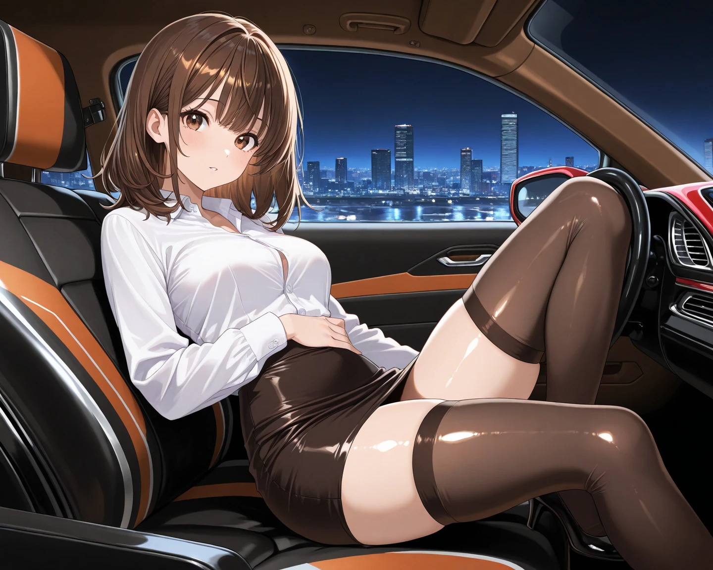 Girl in tight and short clothes in a taxi