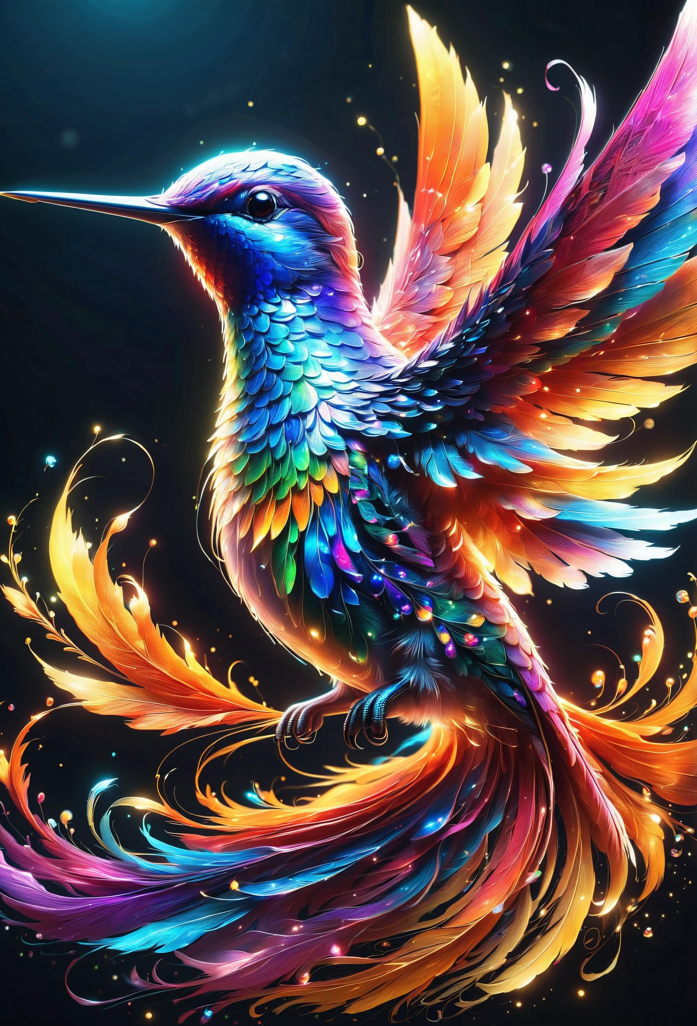 hummingbird isolated with black background,what a beautiful hummingbird,adorable,small,cute,incredibly beautiful,rendering,realism,dream-like,magic essence,rich colors,Cast colorful spells,masterpiece,最高masterpiece,highest quality,8k,detailedなディティール,in detail,flash,とてもflash,reflection,brightly colored,detailed,delicately