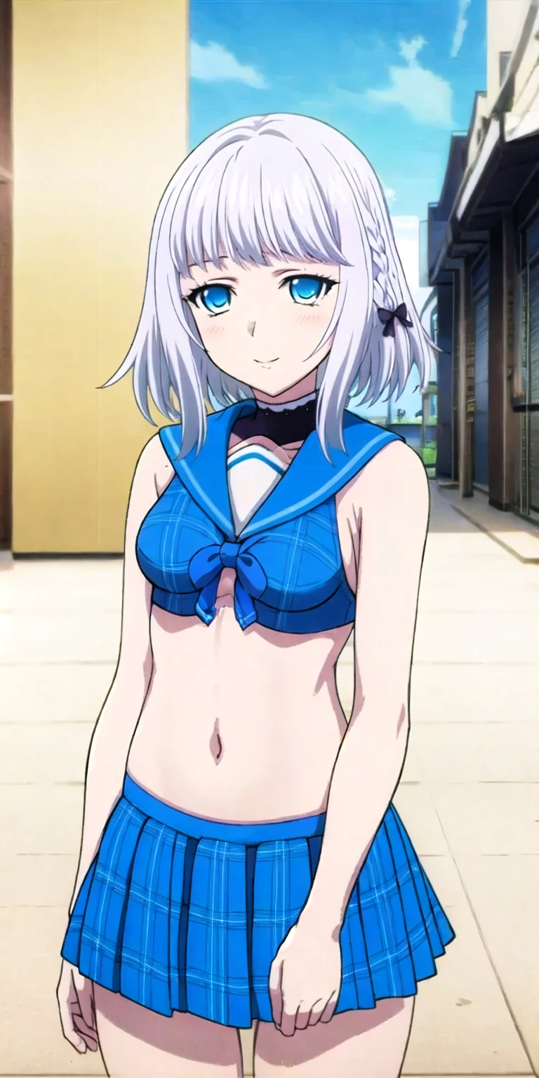masterpiece, best quality, ultra-detailed, illustration, colorful, flat color, depth of field, 1girl, hoshimachi suisei, blue eyes, 1girl, beret, side ponytail, blue hair, anime, simple background, detailed skin texture, alluring attire, collarbone, (view from front, slender, white leotard, thighhighs, looking at viewer, hands behind back, flat chest)