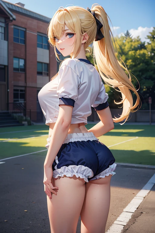 Hatsune Miku, Masterpiece, Best Quality, Official Art, (Highly Detailed CG Unity 8k wallpaper), Detailed background, (Hands by Guido Daniele: 1.1), Feet Out of Frame, First Person View, 1, Attractive and Perfect Beautiful Woman, , JK, Uniform, Spring, Cherry Blossom, Wind Blowing, (((Show ass, butt sticks out, flipping skirt, panties visible))), 4 fingers and 1 thumb optimal proportions of the book, (curvaceous), (white thighs: 1.12), (blonde long hair: 1.12), (ahoge: 1.13), (high ponytail: 1.12), (green eyes: 1.13), looking at the viewer, big, (cleavage), beautiful face, (blush: 1.11), (smile: 1.11)