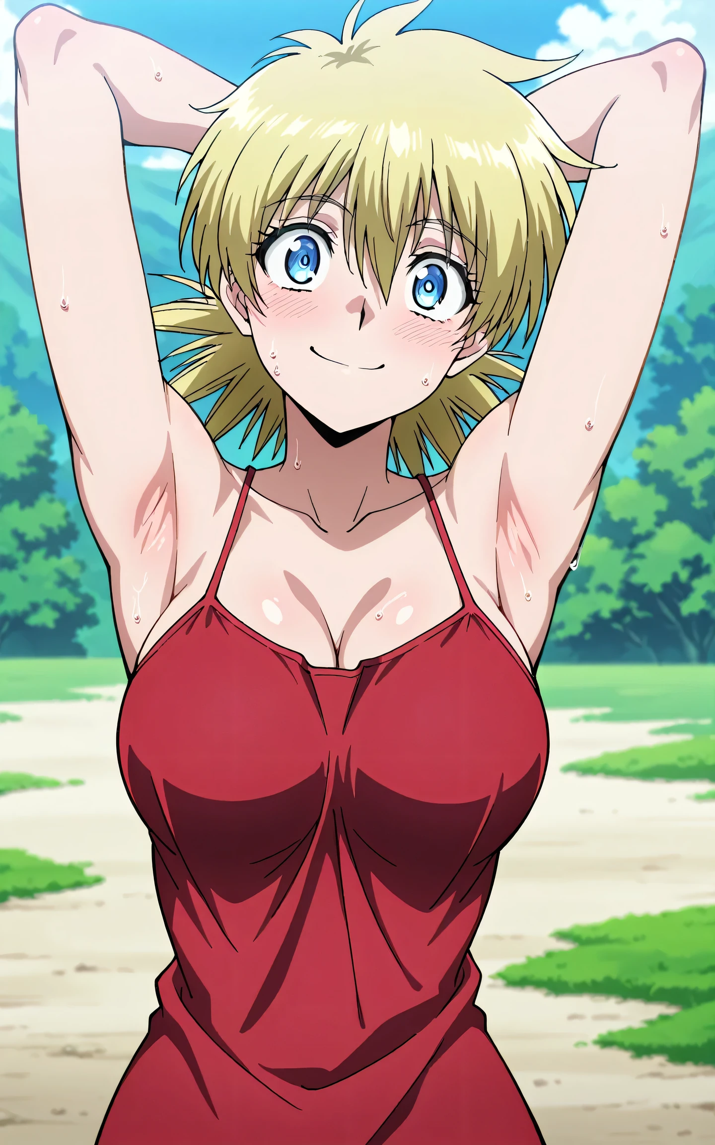 masterpiece, best quality, amazing quality, anime screencap, anime coloring, 1girl, solo, seras victoria, blonde hair, blue eyes, red tank top, spaghetti straps, (sweaty:0.6), sleeveless,  shoulders,  arms, arms behind head, armpits, armpits focus, head towards viewer, looking at viewer, direct eye contact, smile, blush, confident, closed mouth, outdoors, day 