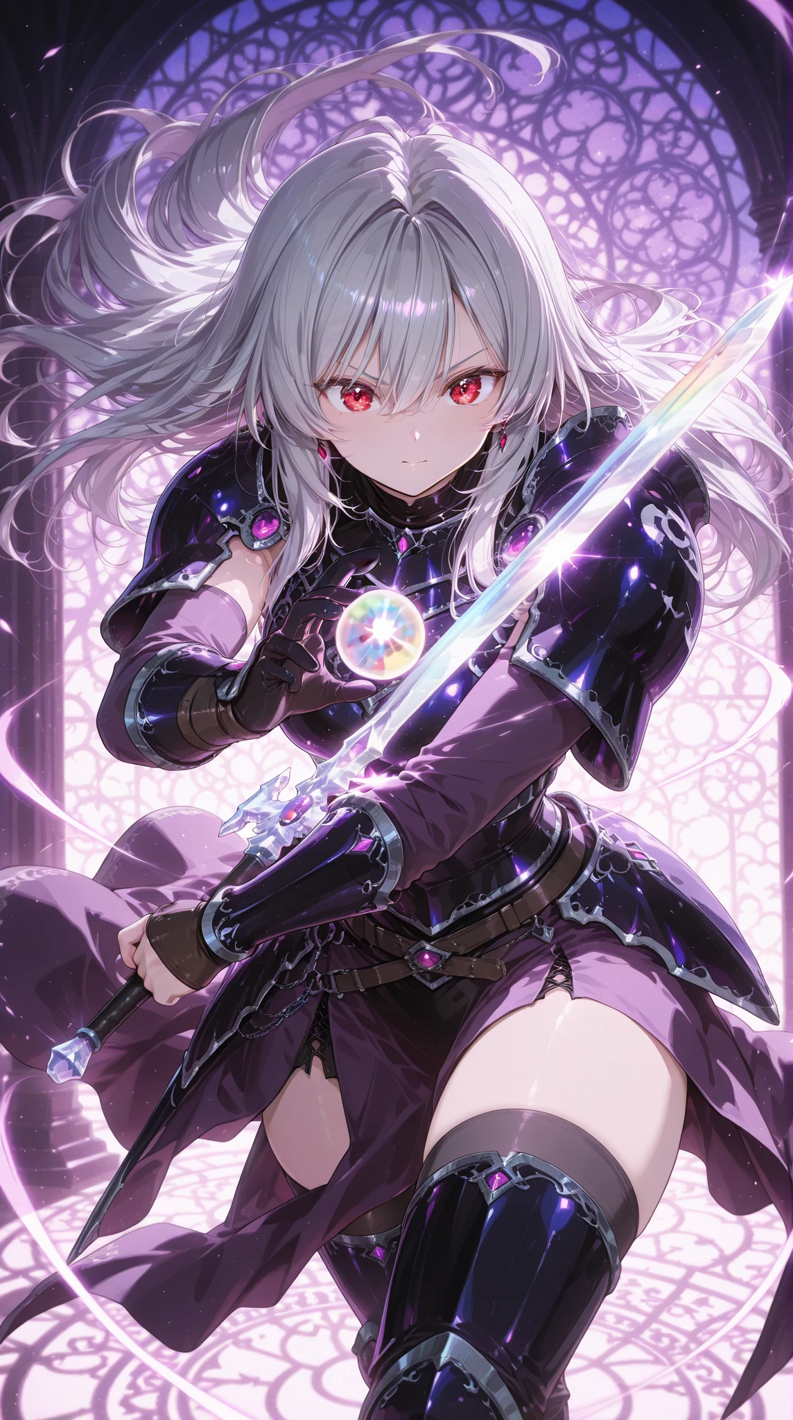 Highest image quality,tmasterpiece。Humanoid mech,breastsout,Reflective black metal housing,Some parts are dark purple composites,Decent inlaid with a large number of small purple lamps,The eyes are a purple strip of light,Holding a purple laser wide sword。The hilt is black reflective metal,The hilt is inlaid with a large number of small purple spherical lamps。The background is the highest quality starry sky