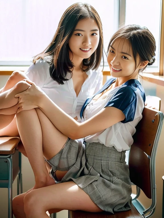 (8 years old girl)、(No clothes)、(Squatting naked on a desk in the classroom)、(Laughing)、、Exposed vagina、The vagina is visible、Small clitoris、Dark pubic hair、Long pubic hair、small tits、very flat chest、small nipple、small areolas、Delicate body、、slim body、Thin abs、so short hair、large pearl necklace、Very skinny、squatting、open crotch、Toned abs、high-heels、anklets、full bodyesbian、frombelow