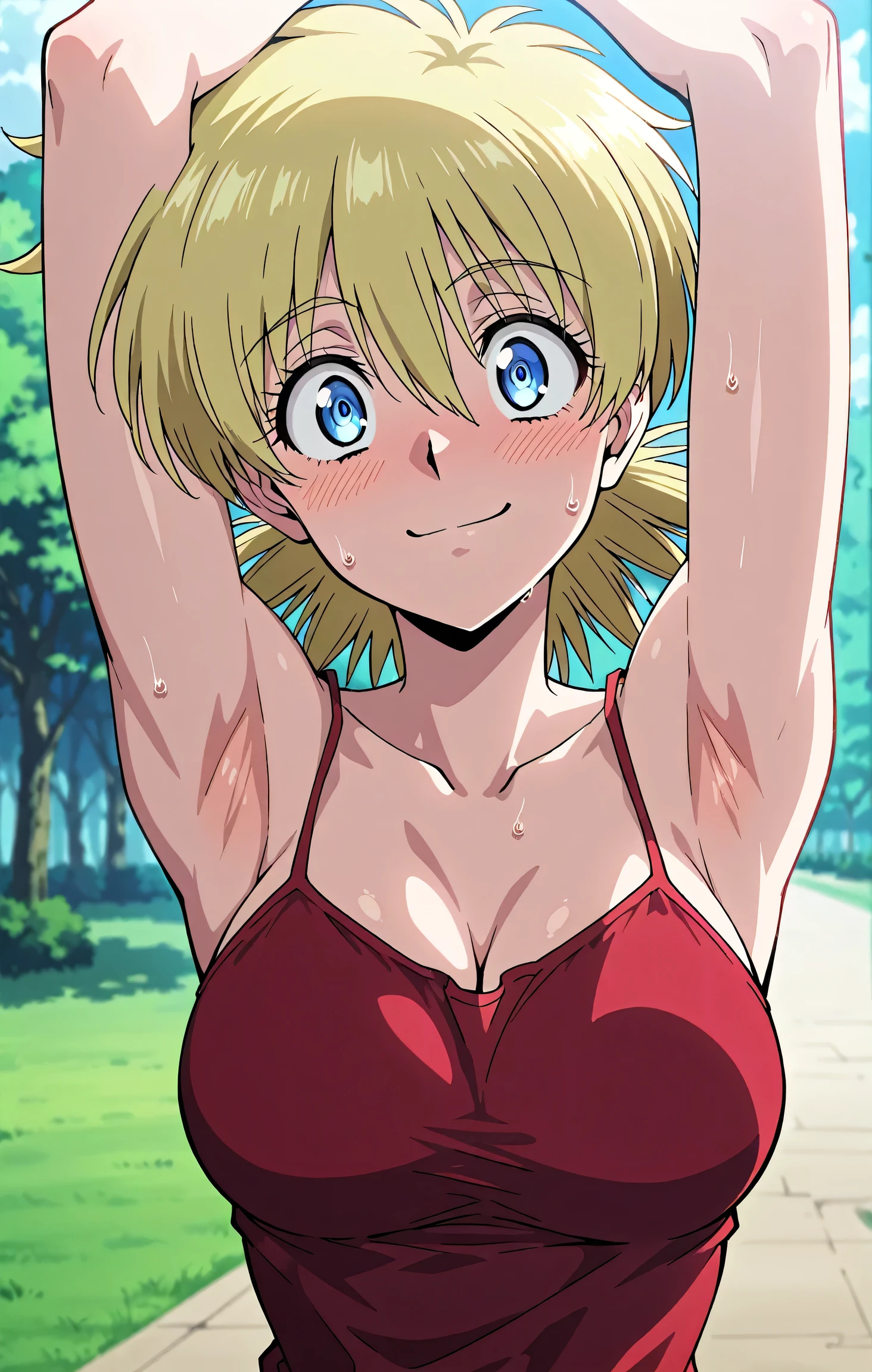 masterpiece, best quality, amazing quality, anime screencap, anime coloring, 1girl, solo, seras victoria, blonde hair, blue eyes, red tank top, spaghetti straps, (sweaty:0.6), sleeveless,  shoulders,  arms, arms up, raised arms, armpits, armpits focus, head towards viewer, looking at viewer, direct eye contact, smile, blush, confident, closed mouth, outdoors, day 
