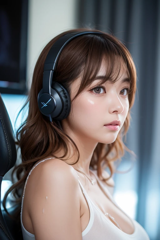 (8K, Raw photography, top-quality, masterpiece:1.2), young japanese woman, wearing head phone beige and white tight sleeveless tops, in empty off-white room with some walls, The Clipping of footage shot on home video, with a soft lighting to highlight her feature and smile, Composition with movement, with warm colors adding warmth, wide shot