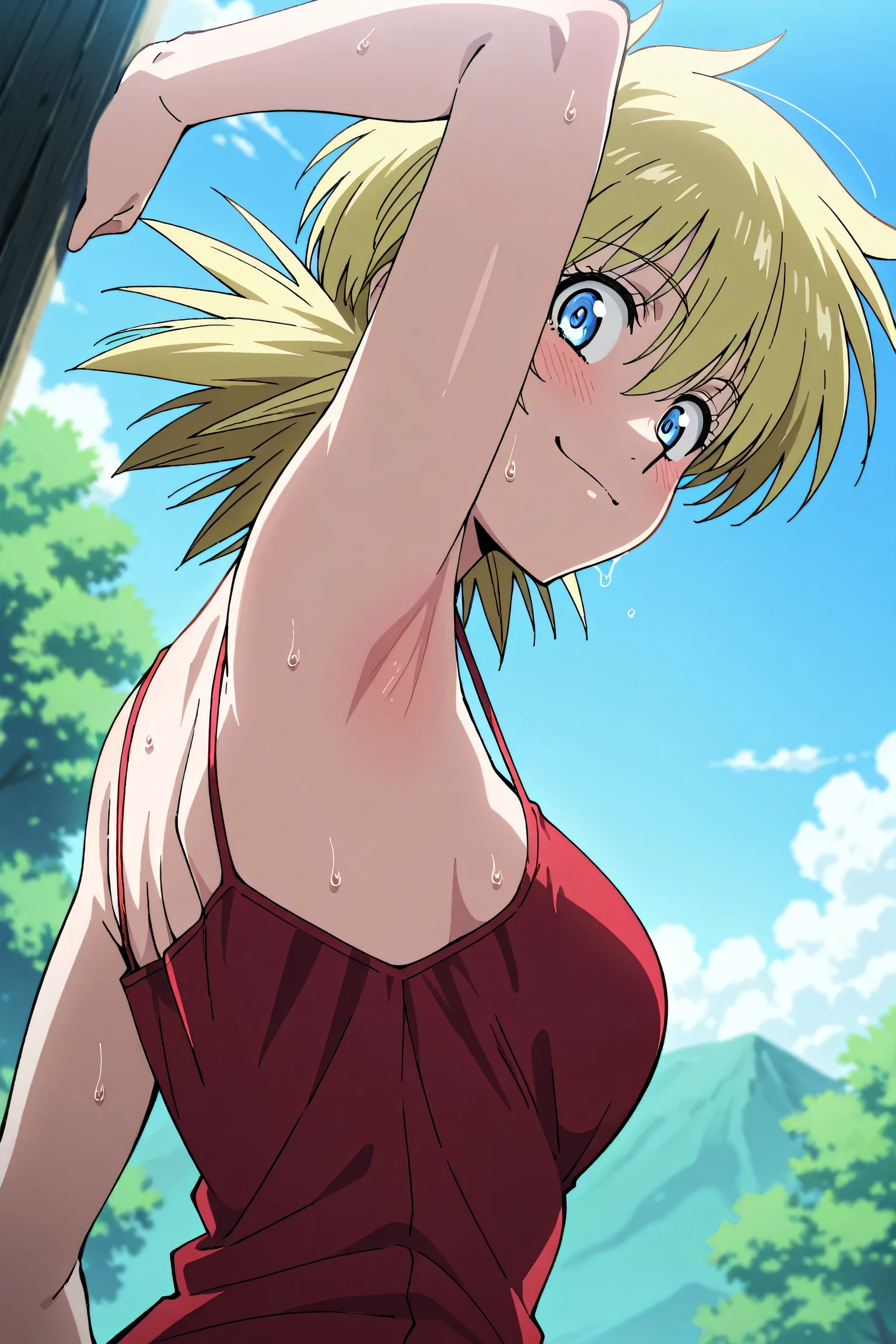 masterpiece, best quality, amazing quality, anime screencap, anime coloring, light source in front, 1girl, solo, seras victoria, blonde hair, blue eyes, red tank top, spaghetti straps, (sweaty:0.6), sleeveless,  shoulders,  arms, arm up, raised arm, armpit, armpit focus, head towards viewer, looking at viewer, direct eye contact, smile, blush, confident, closed mouth, outdoors, day, from side, from below,  