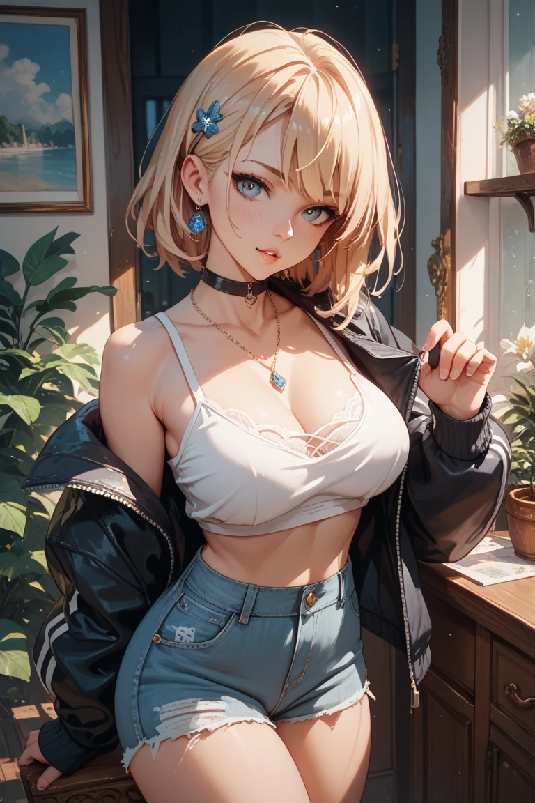 Please follow the all prompts below exactly and faithfully, This is a breathtaking masterpiece of digital illustration, with maximum resolution, UHD, 512K, 2160p, 10 million ppi, 300 million dpi, natural color tones, ultra sharp details, perfect outlines with contrast, ((smooth, soft and clearly and most realistic skin and hair texture)), most beautiful detailed eye features, perfect anatomically correct human body, beautiful background with depth, rule of thirds, depth of field, Maximize all element is used to its full potential to create the best digital illustrations, 1woman, sexy, 25years old, beautiful face sharp, elegant woman, Ultimate perfect body style, beautiful beautiful big breasts, Maximize upturned breasts, green eyes, shiny blonde hair, short hair, bob cut, (eyes visible through hair:1.3), glossy very thick lips, pink lipstick, smile:1.5, Festival Outfit: A crop top with fringe details along the hem and high-waisted denim shorts. The crop top is made of soft, stretchy fabric and has a scoop neckline. The denim shorts are distressed with frayed edges and feature a button fly. The outfit is accessorized with a flower crown and layered necklaces.