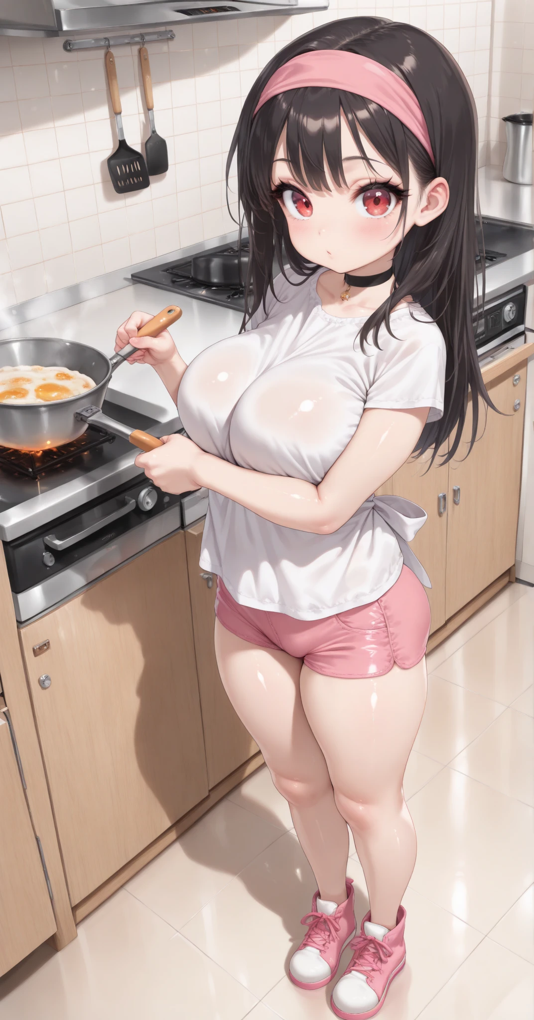 1girl. solo (wearing nothing:1.4), nsfw, large breasts, sajouayaka, black hair, short hair, Blue eyes,, , cooking. classroom, space, nipple, (Sweating profusely, Love juice, Wet Woman, female ejaculation), ,, Peeing, lactation, projectile lactation, crying