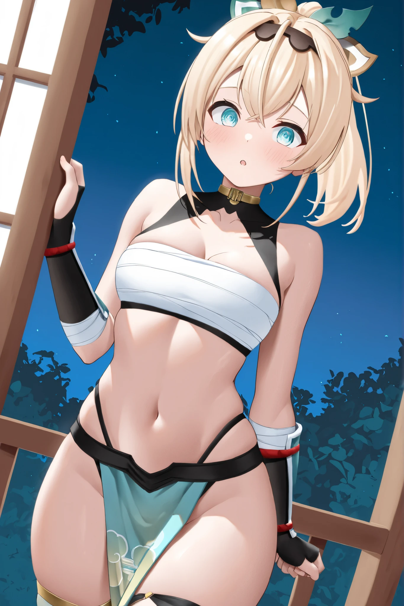 masterpiece, Highest quality, shape, City Street, One Girl, Mordred \(destiny\), Cowboy Shot, clavicle, Detailed blonde hair ponytail braid, Green Eyes, White short blouse, Denim shorts,belly button,Up to the thighs,Grin, Covered_Pussy,skin,Beautiful feet,Beautiful Hands,Please put your feet up,