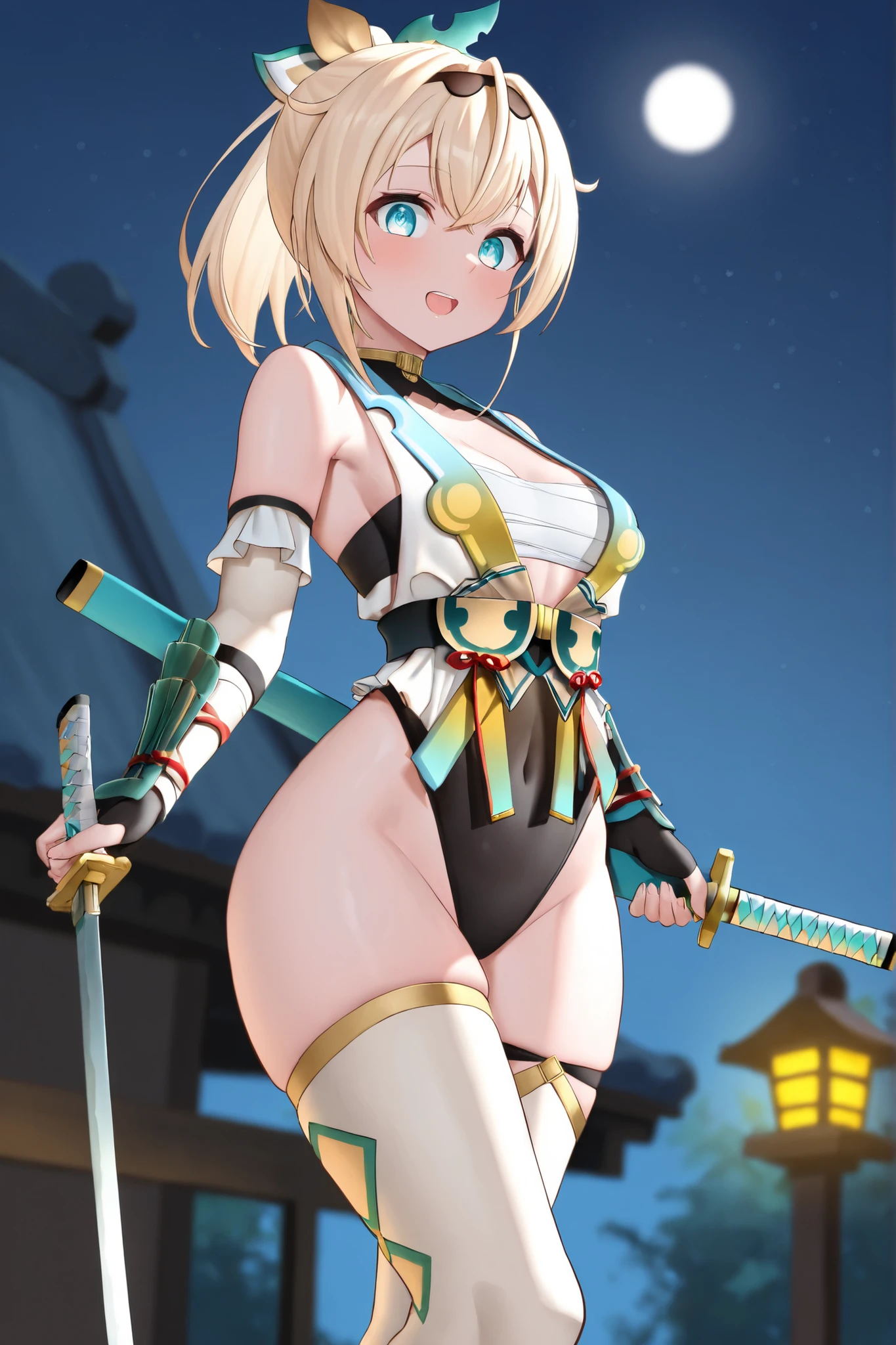 LeinaQuiron woman, 1girl, solo, breasts, blush, blue eyes, blonde hair, large breasts, cleavage, braid, hairband, armor, twin braids, side braid, short hair with long locks, buckle, shield BREAK (masterpiece, best quality:1.3), 4k, ultra-detailed, trending in pixiv, detailed background, BREAK (amidst the paddy field, countryside, scenery:1.4), BREAK (basking in the sunlight, from side, adjusting hair:1.3), happy smile, (sweat, shiny skin:1.3)