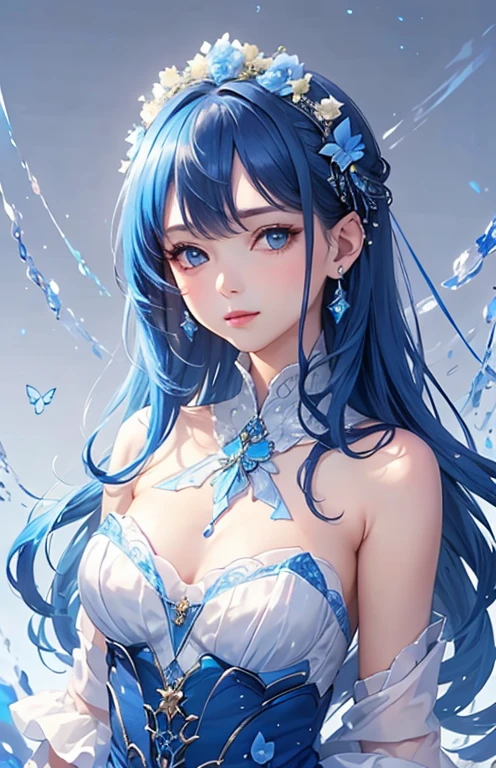 Glowing blue butterfly,Blue cheongsam,1girll,blue colors,Long white hair, Masterpiece, Best quality,A high resolution,Detail enhancement,best qualtiy,Perfect image quality,Cool and elegant,Beautiful and gentle