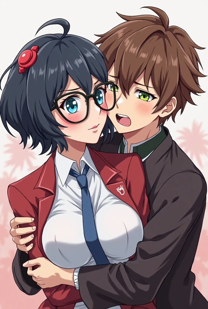 (masterpiece, best quality), 1girl, transcend \(umamusume\),((masterpiece,highest quality)), disorganized, Transcend_Umamusume,short hair, red eyes,masterpiece,best quality,red under-rim glasses,smile, looking at the viewer,masterpiece, highest quality, super detailed,super resolution,full body,beautiful face,(black panties pull:1,5),(huge breasts),(beautiful pussy),(beautiful nipples),very high resolution,kawaii,(((bristly pubic hair))),(pussy juice),nude,(show of nipple),(1boy and 1girl), ((grabbing crotch, grabbing from behind)),full body