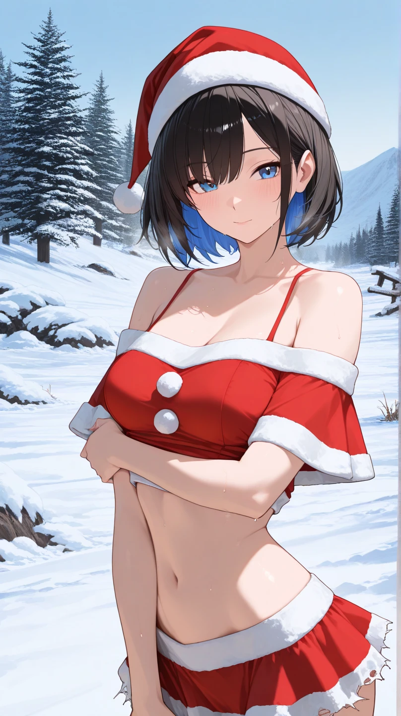 (sony a7, 35mm lens, f1.8, film gain),snow mountainに立つ1人の23歳の女性,(Red string bikini swimsuit:1.5,sunglasses,choker,boots), beautiful skin, (looking at the camera:1.2),(Photo seen from the front bottom:1.3),(Short Hair:1.2,bright blue hair:1.5), expression( Gleeful:1.3,blushing:1.3),Pause( Seductive pose:1.5),background(snow mountain:1.5,Forest),(slender, abs:1.2), (Underwear visible through clothing),(Butt visible through clothes),(detailed perfect face),normal hands:1.5,normal finger:1:5,normal feet:1.5,(cameltoe)