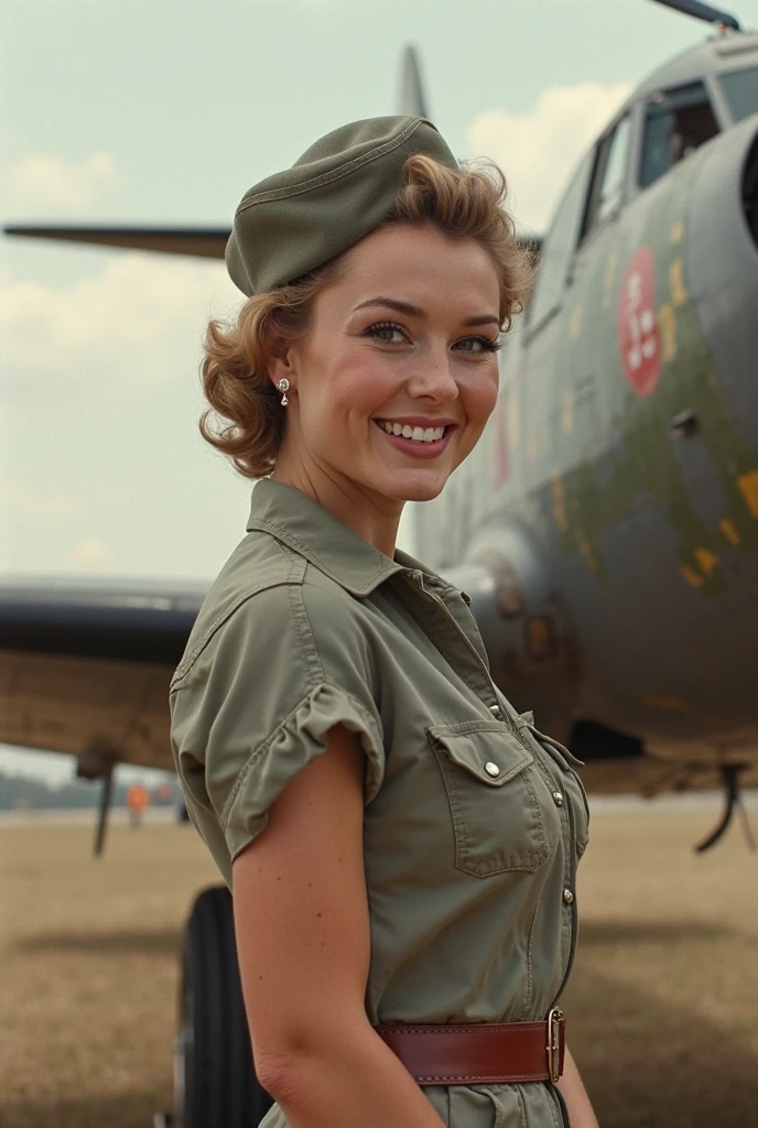 POV, Marilyn Monroe wearing a cap posing for a photo shoot next to a large propeller engine of a 1940s military warplane, showing part of the breasts, wearing an American olive green military uniform, breasts, military scenery at the bottom of a hangar, blurry, (highly detailed skin: 1.2), 8K UHD, DSLR, soft lighting, high quality,  film grain, Fujifilm XT3