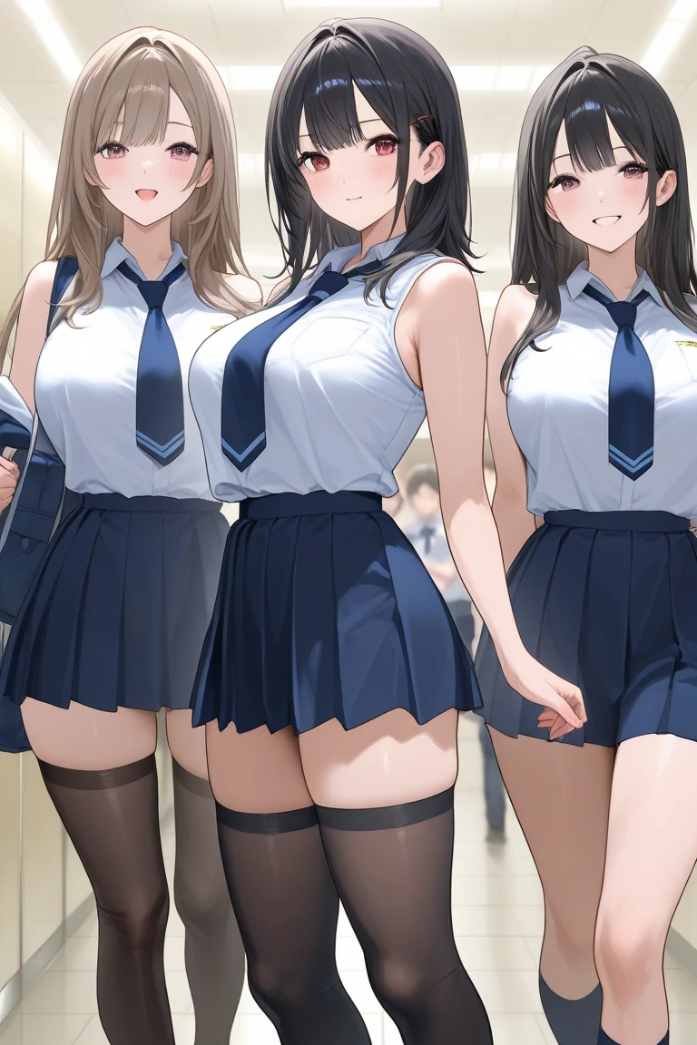 Trio of schoolgirls standing side by side、A dark-haired、Colossal tits、cleavage of the breast、tits out、Night Station、a miniskirt、thighs thighs thighs thighs、Navy blue pleated skirt、White shirt with short sleeves、A sexy、Fornication、lascivious、very heavy rain、The whole body is wet
