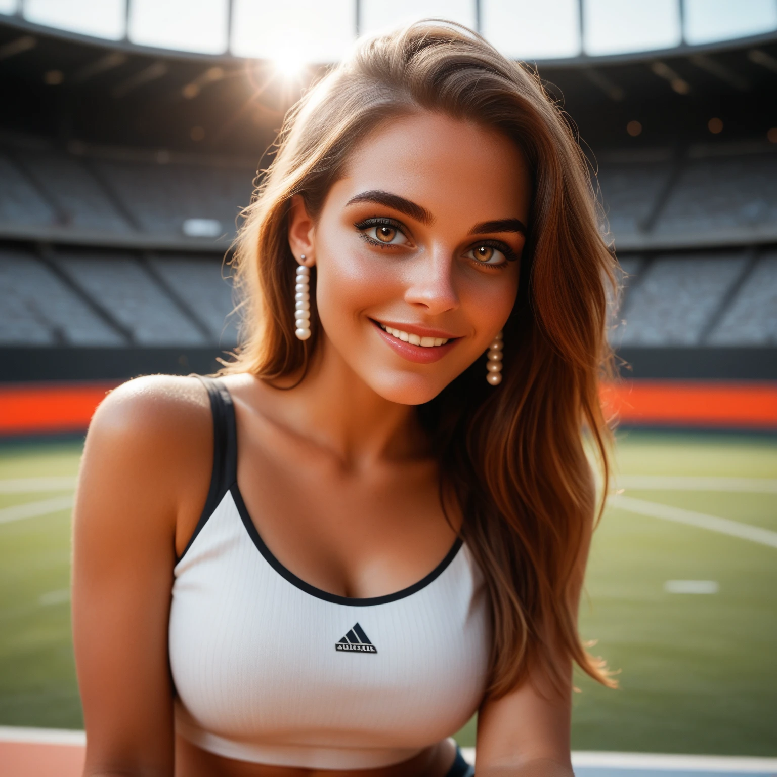 Ultra HD resolution, Professional Close up Photography, ((21 year super-model, smiling at the viewer, Long Brunette braided hair, medium firm breasts:1.2, ultra realistic skin, in a football stadium, smiling at viewer, wearing a solid neon sports top by Puma, perfect hourglass figure)) ( in a football stadium, captivating eyes, smiling at the viewer, natural red lips) attention to detail