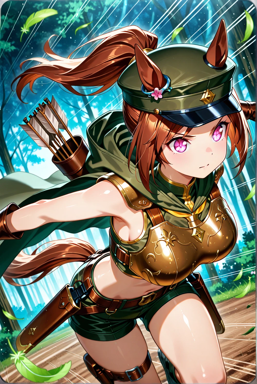 -arcana,arcana,Windranger anime style, solo, bow \(weapon\), weapon, 1girl, simple background, flower, long hair,, bug, green eyes, arrow \(projectile\), no humans, full bodyexposed belly, brown hair with red tips, short, (big boobs), (red tips)