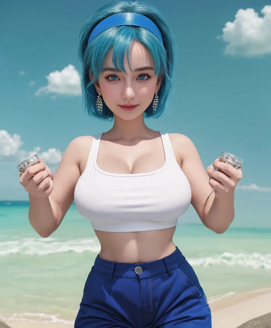 A cute woman with big breasts who resembles Rei Ayanami is posing seductively in a swimsuit at the beach.