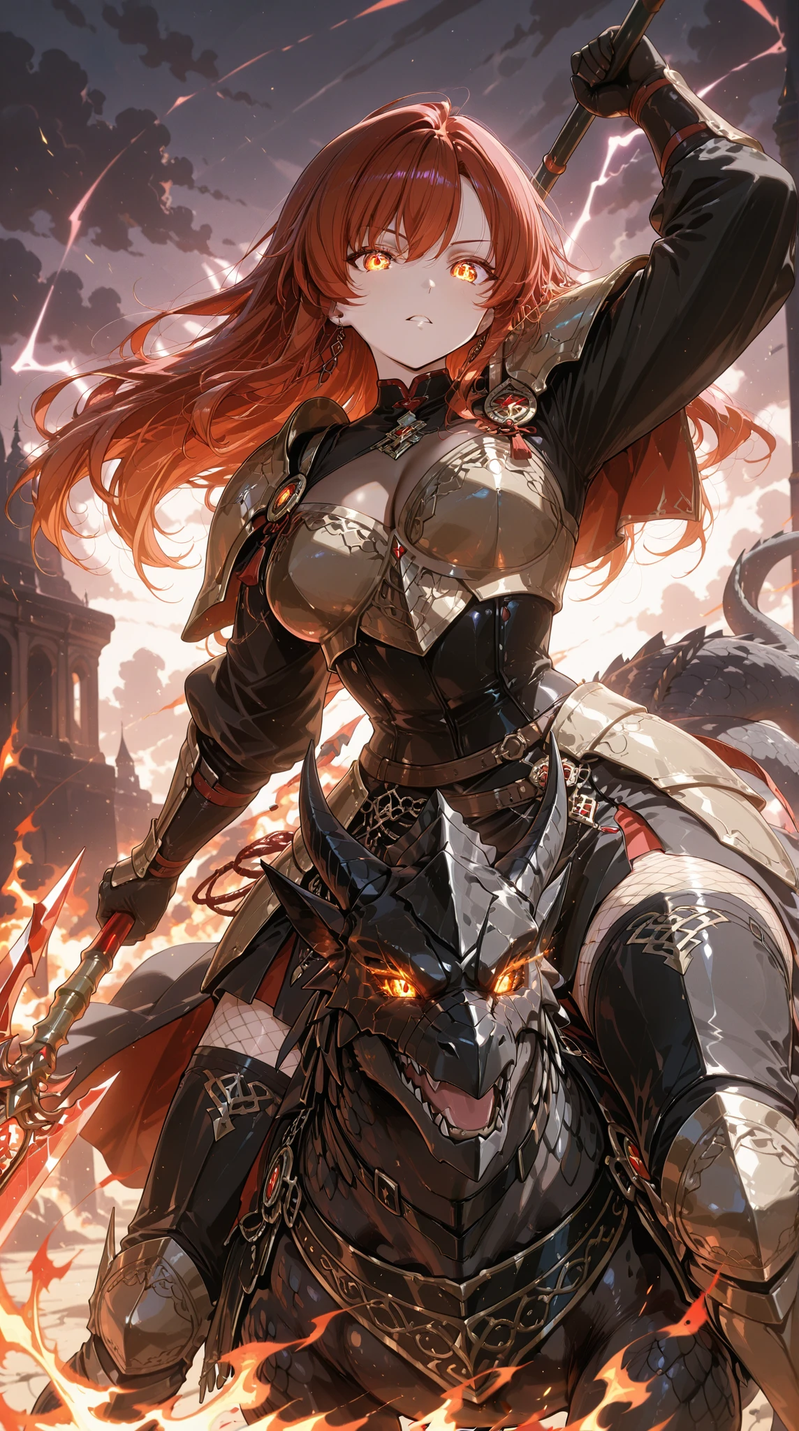 (Game King Card:1.5, rotational symmetry),Stephen Gammell,(cowboy shot), 1 adult girl, short red hair, warrior, minimalist compositions, sunshine, conceptual digital art, (Very detailed, reasonable design, Clear lines, High sharpness,best quality, masterpiece, 4K, hand holding sword, training dragon, big boobs, black glasses