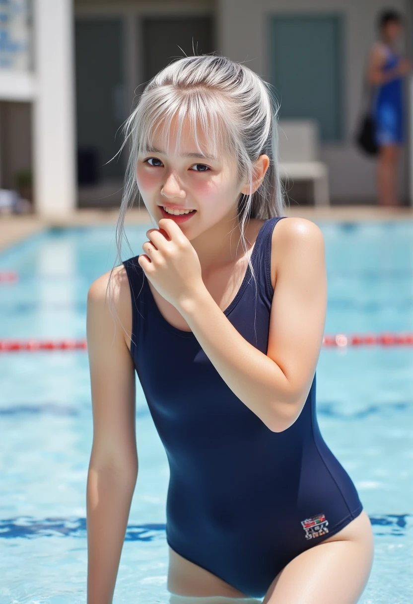 ((highest quality, 8K, masterpiece:1.3, 1 girl, beautiful girl)), High resolution, cute, dynamism, detailed face, fine skin, fine eyes, lip details, realistic, Raw photo, Natural light, perfect anatomy, dynamic pose, round butt, toned legs, double eyelid, tear bag, round eyes, moist lips, detailed mouth, detailed tongue, japanese girl, yellow hair, bangs, (one piece school swimsuit), racing pool, indoor, fine clothes, sweaty, wet clothes, wet hair, smile, short hair、silver hair、gray hair color