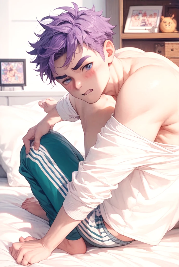 1boy, incrsgcmeme, buttonupshirt, lifted by self, covering mouth, stomach,