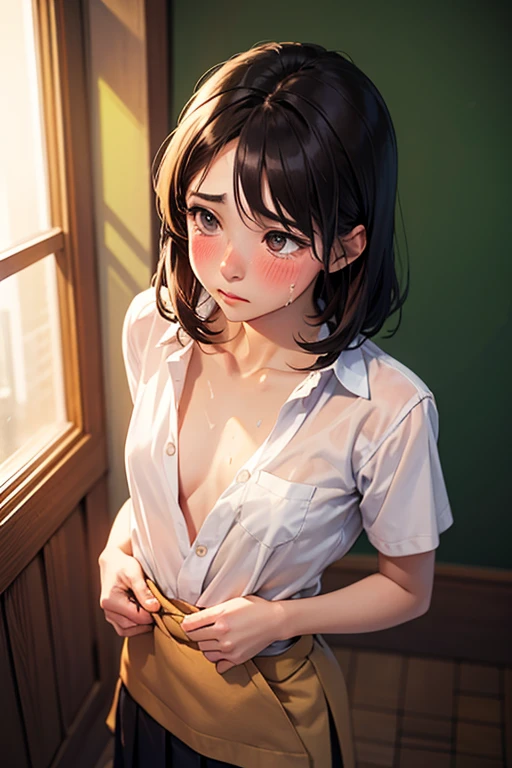 (masutepiece, Digital Art, Digital Illustration, 4K, 8K, Ultra-detailed, beautiful image, Sharp Image, Photorealistic, Raw photo, Perfect face, Perfect lines, Perfect eyes, Soft lighting) 1 woman, (lightbrown hair,Chignon hair in a high position,Innocent look,Lowered eyebrows,drooping eyebrows,drooing eyes,cute large eyes,natural make up,kindly smile,Round jaws,petite female:1.3),Two handsome men in suits, (ember,Men in suits,well-muscled,Firm shoulder width,Adult male,Boyish hairstyle,English gentlemanly style,Man in his 30s with a cool expression,28-year-old man with bright smile:1.2),(Nervous,be shy,sleepy,embarrassed from:1.2),innocent smiles,(embarrassed from,Shy smile:1.1),A classroom full of light、Schools、校服、blazers、Black Plaid Pleated Skirt、baggy cardigan、hi-school girl、kiss、a couple、couple kissing、Romance、ssex、have sex、Wet pubic area、insert 、Rape、Overflowing、Full body painting,(One Girl And One Man,Having sex:1.5),(ember,Adult male,Rubbing the girl's boobs:1.2),Cheek dyeing、gasping face、embarrassed、boredom、begging、Unhappy、Greedy expression,Wet pubic area、 xen、Open your crotch wide、Cowgirl、Fluttering chest、Wet shirt、Lace underwear、Take off your underwear、Sheer nipples、Pull up your skirt、Show panties、Plug-ins、 Plug-ins、penetrated by genitals、Face-to-face sitting position