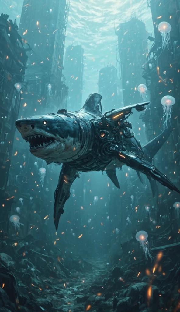 tmasterpiece, higly detailed, Underwater base, Sci-fi, Scientific base under water, Greater depth, floodlights under water, Underwater world, Gloomy tones, Very dark, the night, A lot of external pressure, Horror style, Horror, angler, Underwater monsters.